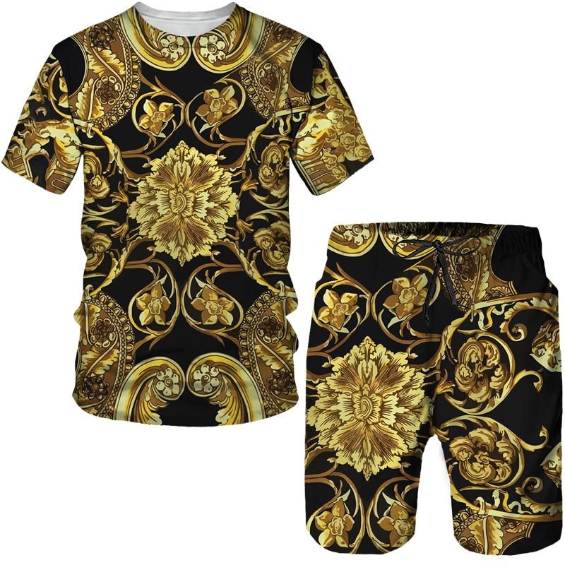 Luxury Golden Flower 3D Print Men Women Tees/Suits Vintage Baroque Pattern T-Shirts&Shorts Set Fashion Couple Streetwear Clothes