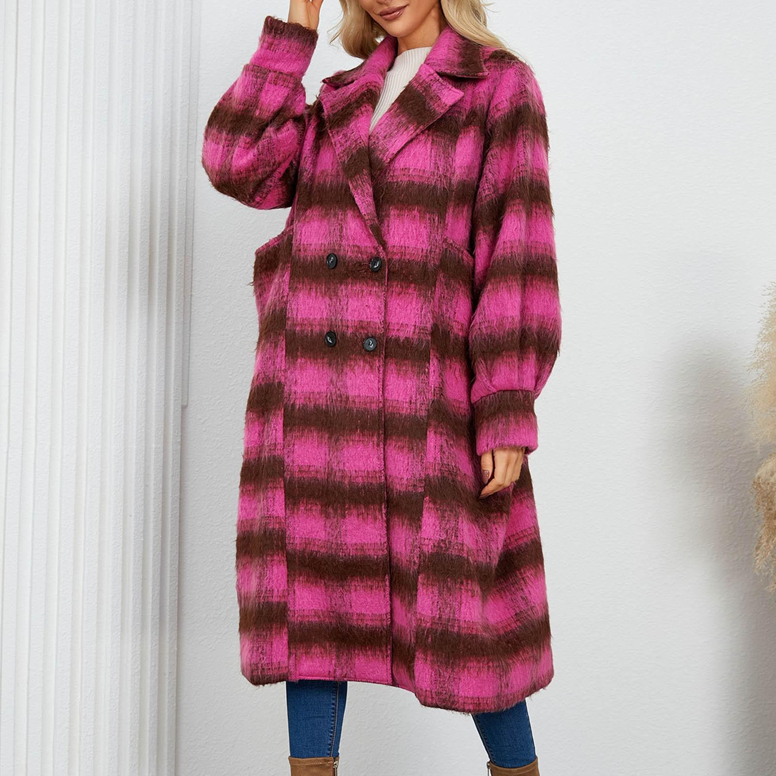 

Женский двубортный пиджак средней длины из шерстяной ткани в клетку XL горячий розовый