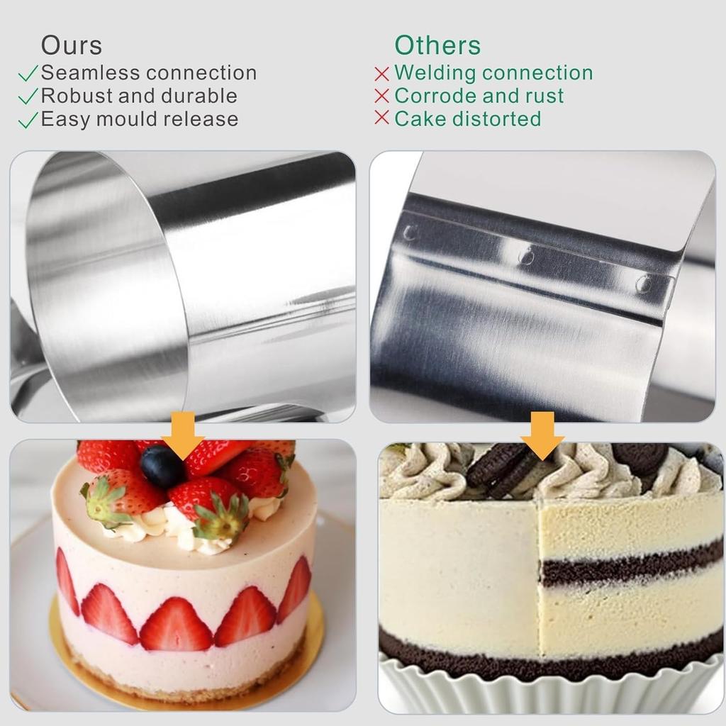 Stainless Steel Round Cake Molds 6-Pack, 7.5cm Mousse Ring Pastry Cutter with Cake Press and Lifter, Baking Ring for Dessert