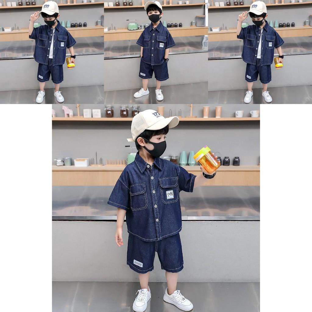 Trendy Blue Boys Denim Short Sleeve Set For Summer Stylish Casual Outfit For Kids
