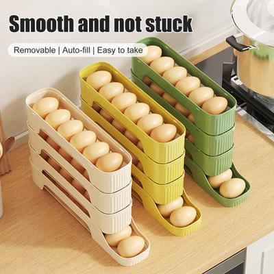 Egg Storage Box Refrigerator Organizer Large Capacity 4 Tiers Space-Saving Auto Rolling Fridge Egg Organizer Egg Dispenser