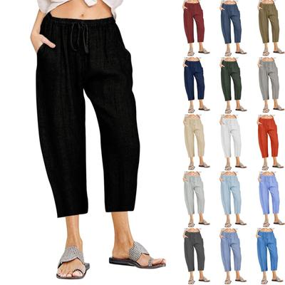 Frauen Casual Hosen Solide Baumwolle Leinen Kordelzug Elastische Taille Breite Bein Hosen Geerntete Hosen Für Frauen