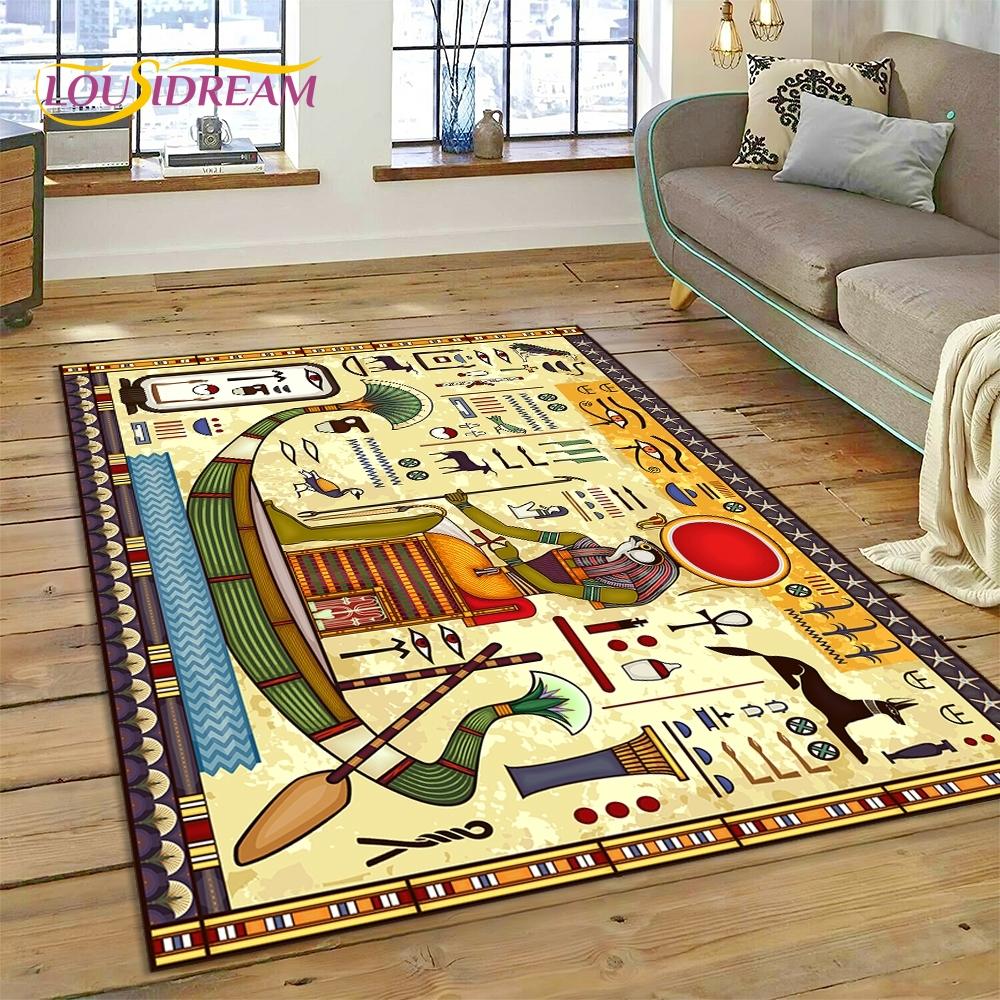 Tapis HD Hiéroglyphes Pharaoniques Mythologie Égyptienne 3D pour Salon Chambre Décoration de Maison, Décoration Antidérapante pour Canapé Paillasson