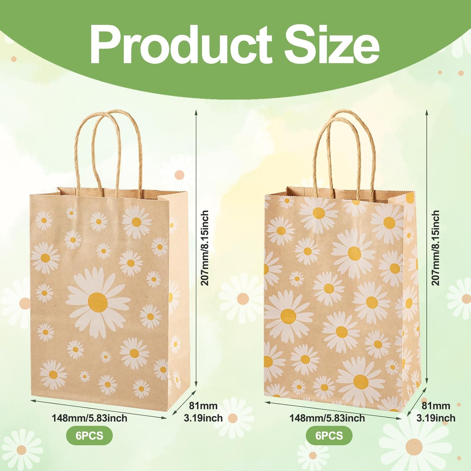 

Cheriswelry 12Pcs Kraft Paper Bags Daisy Flower Paper Gift Bags Brown Shopping Bags with Handles 20.1x14.8x0.2cm for Wedding Party Favors Packaging
