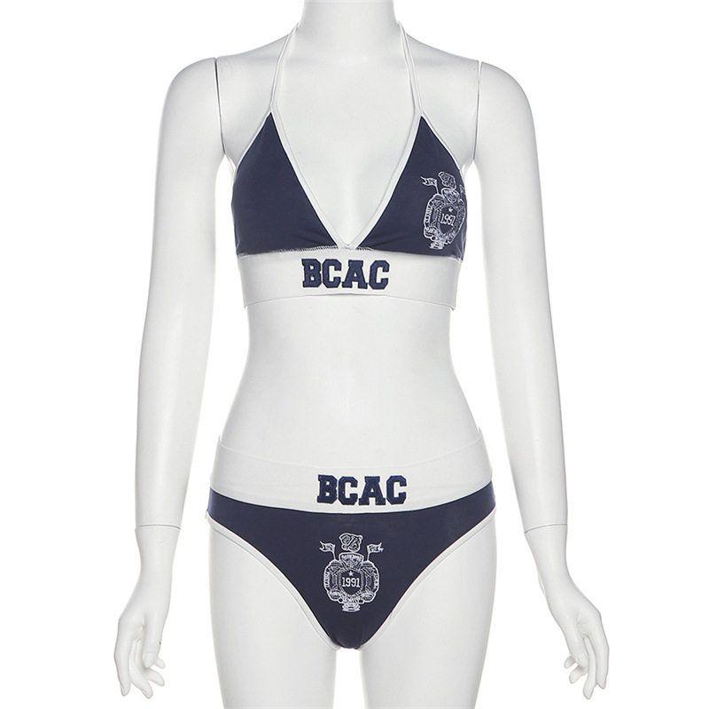 

Cross-Border European and American Style 2023 New Summer Women s Clothing Sexy Fashion Color-Blocking Letter Embroidery Lingerie Set Dark Blue S