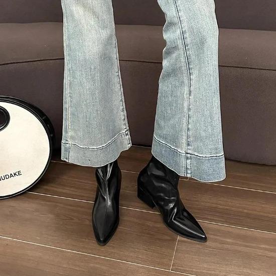 

Large Size Women s Boots Korean Style Pointed Toe Fashion Boots Autumn Winter New Arrival Mid Heel Zipper Back Pull Short Tube 39