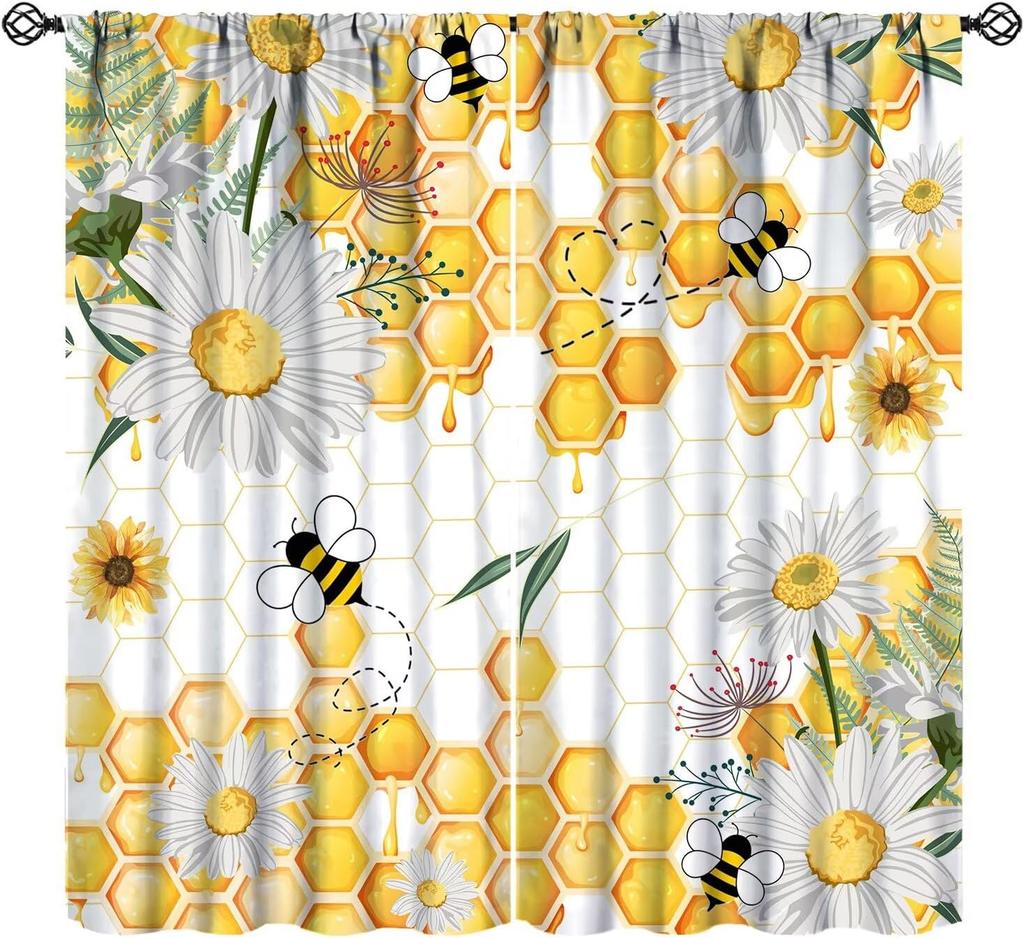 Bee Curtains Boy Girl Bedroom Spring Yellow Honeybee Inspirational Art Printed Window Drapes Living Room Curtain Light Blocking Polyester Ideal For