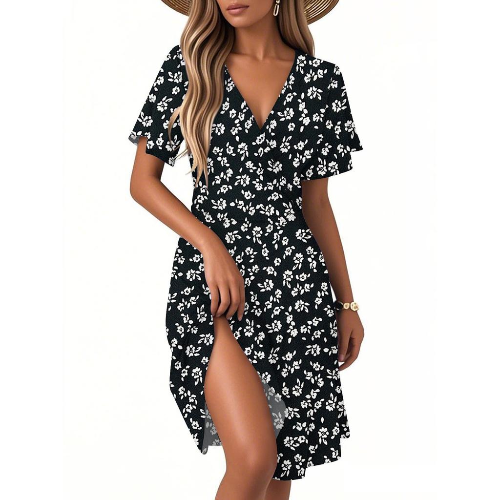 Damen Sommer Mode Blumenmuster Kleid Lässig Strand A-Linie V-Ausschnitt Lockeres Sommerkleid