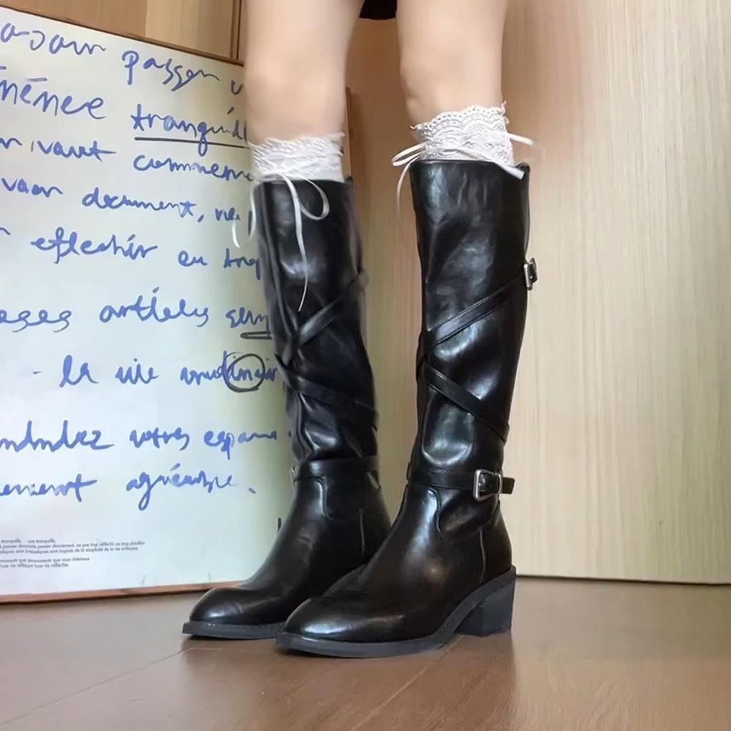 Cowhide version~ long boots women's retro thick heel leather thin knight boots wide tube crossed pointed but knee locomotive boots