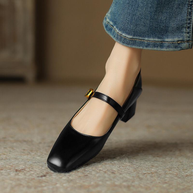 

New square head casual women s small leather shoes black medium heel women s single shoes beef tendon soft sole four seasons wear women s shoes squ 39 чёрный