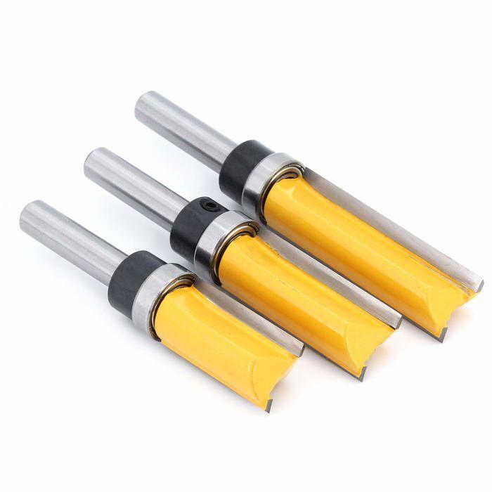 Lot de 3 fraises à affleurer tige 8 mm, coupe Ø15,9 mm – longueurs 30/40/50 mm, revêtement PTFE