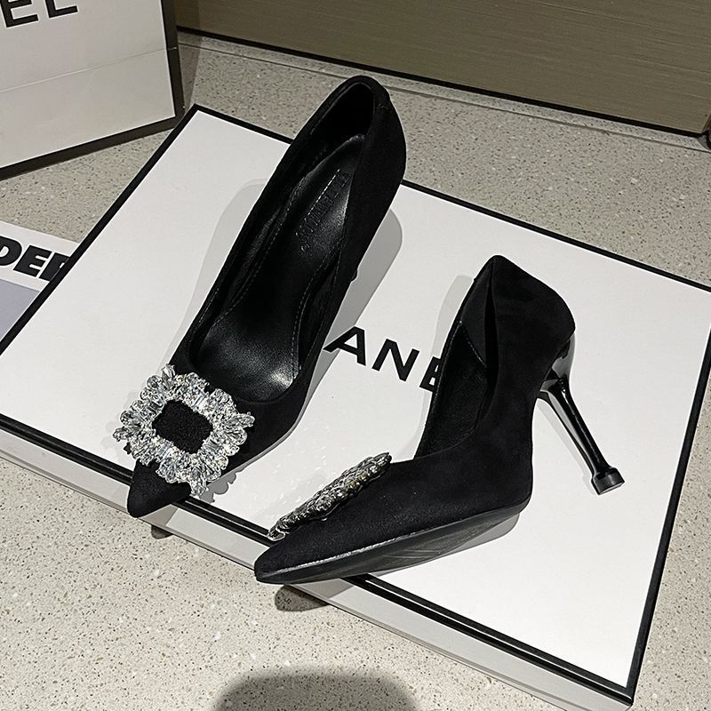 Pointed Fashion Versatile Thin Heel Rhinestone Square Buckle 2025 European and American New High Heels Temperament Socialite Banquet Women's Shoes