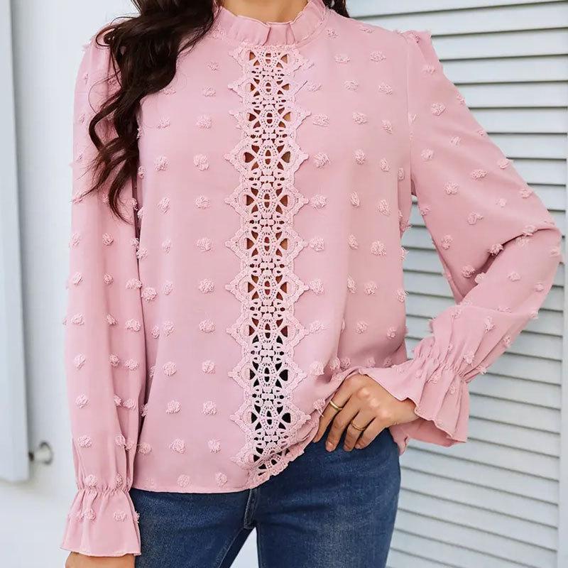 

Женская летняя блузка с кружевным краем и прозрачным топом с длинными рукавами и рукавами-фонариками с рюшами S розовый