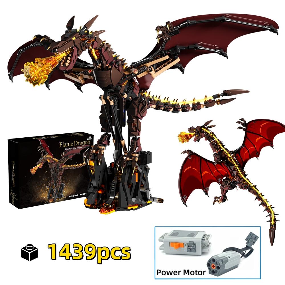 1439PCS Mechanical Fire Dragon Blocks Mythical Creatures Series Light Connectable Animal Model Creative 3D Desk Decor Gift