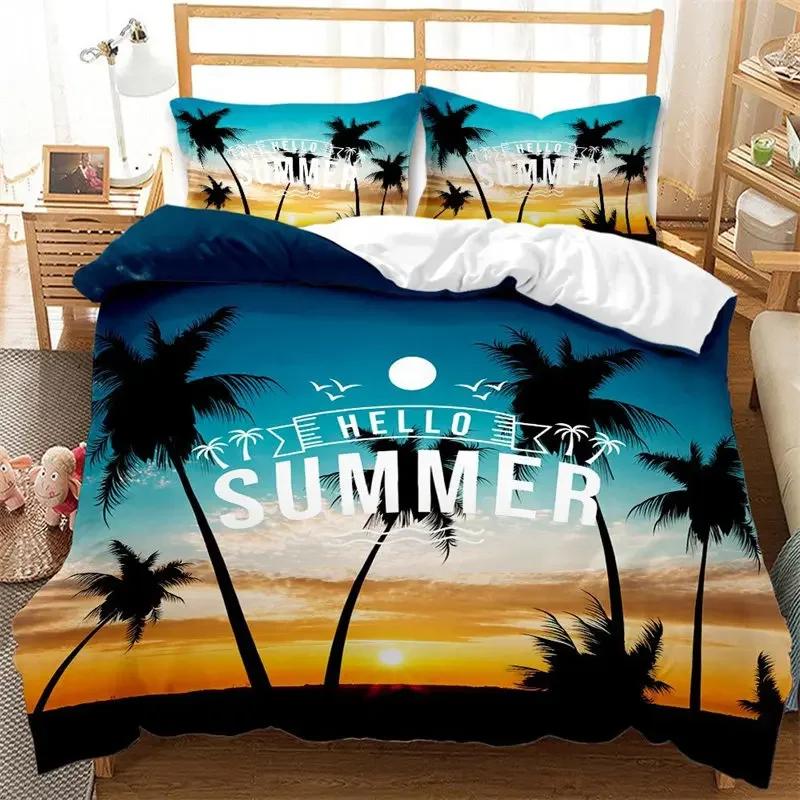 Hawaiian Summer Beach Duvet Cover Exotic Tropical Seascape Bedding Set Microfiber Palm Trees Comforter Cover For Kids Adult Room