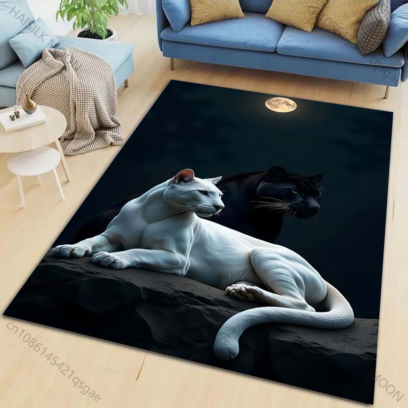 1PC White and Black Panthers Under Moon Carpet for Living Room Bedroom Sofa Home Decor Rus Non-slip Floor Mat Luxury Gift