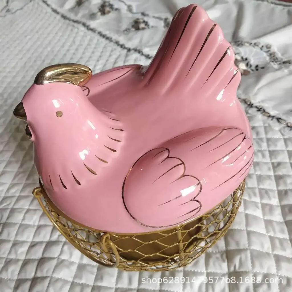 Cute Hen-shaped Egg Storage Basket Metal Wrought Iron Egg Basket with Lid Kitchen Food Debris Storage Container Home Decoration