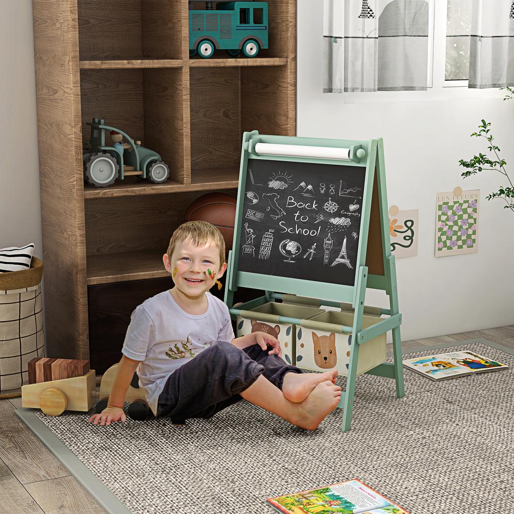 Cavalletto per Bambini Tre in Uno con Rotolo di Carta, Cavalletto da Pittura, con Contenitore - Verde