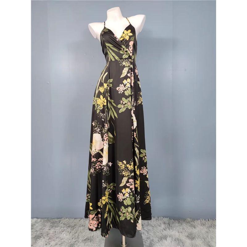 

Foreign Trade Order Lu Home Sling Exquisite Print Smooth Fabric Monet Garden Big Hemline Temperament Slimming Fashion Dress Black XS