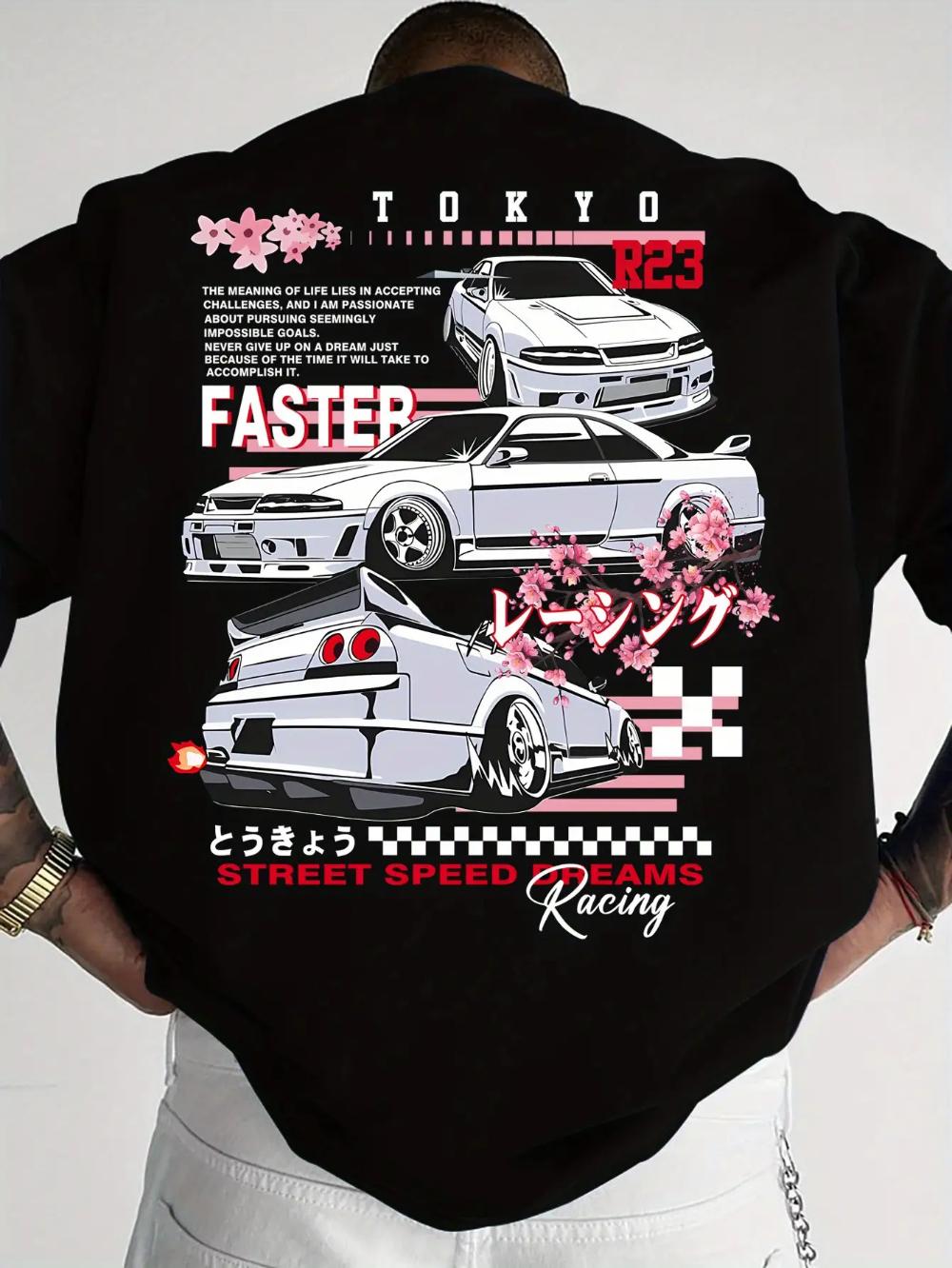 Men s Japanese Street Style Racing Print T-Shirt Cherry Blossom and JDM Car Design Tokyo Speed Team Lettering Quick-dry Tee S разноцветный