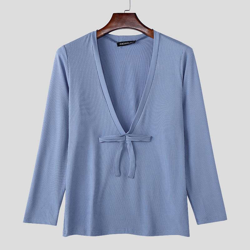 

INCERUN Мужские трикотажные топы в рубчик с глубоким V-вырезом и полудлинными рукавами, повседневные майки с бантом 4XL синий