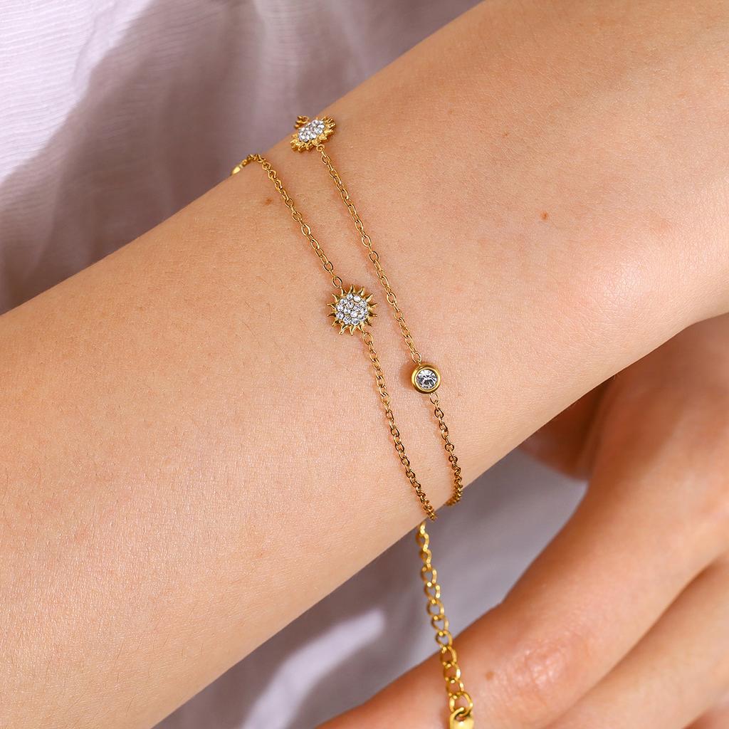 18K Gold Plated Stainless Steel Sun Moon CZ Bracelet for Women Dainty Thin Chain Celestial Mix