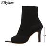 Eilyken Spring Design Ankle Boots Women Peep Toe Knitted Stretch Fabric Booties Sexy Cut-Out Stilettos High Heels Shoes