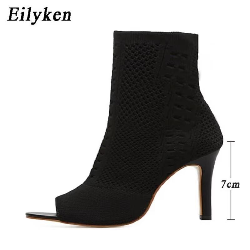 Eilyken Spring Design Ankle Boots Women Peep Toe Knitted Stretch Fabric Booties Sexy Cut-Out Stilettos High Heels Shoes