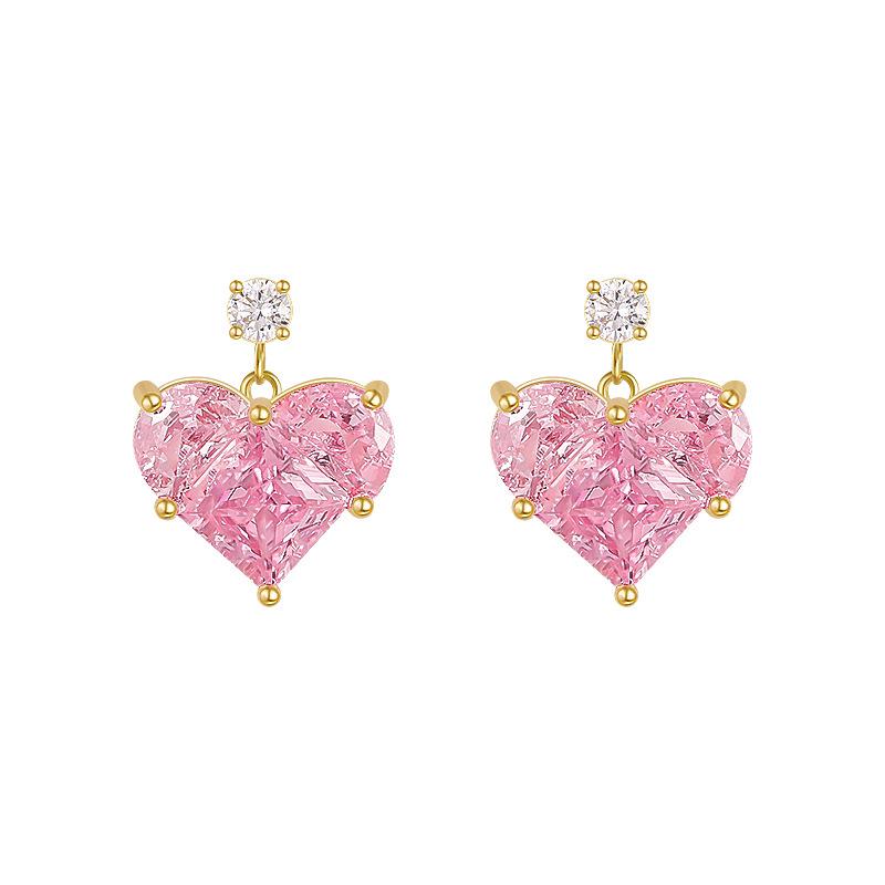 Sterling Silver Pink Heart Dangle Earrings - Korean Style, Shiny, Simple, Light Luxury Design for Women