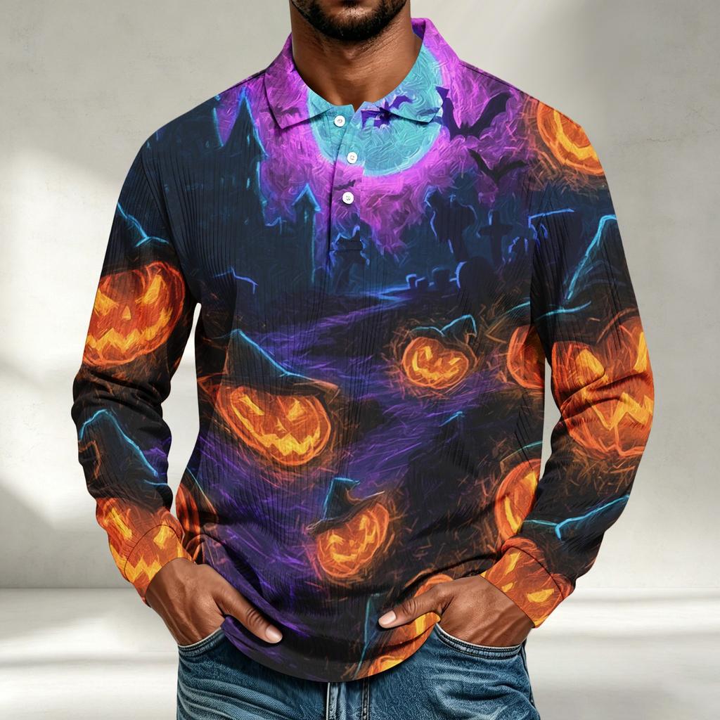 Men's Casual Loose Fit Long Sleeve Shirt with Halloween Print