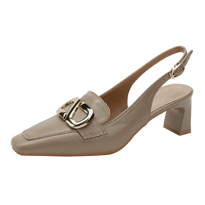 Pantofi cu toc înalt cu vârf pătrat, cu temperament, cu toc gros, pantofi simpli, nou, piele, vârf acoperit, sandale goale