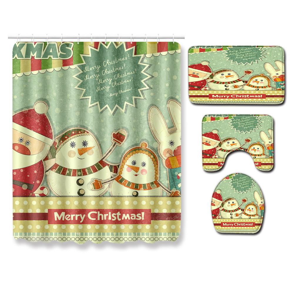 Christmas Shower Curtain Floor Mat Combination Four-Piece Set Bathroom Toilet Carpet Shower Room Mat Foot Mat