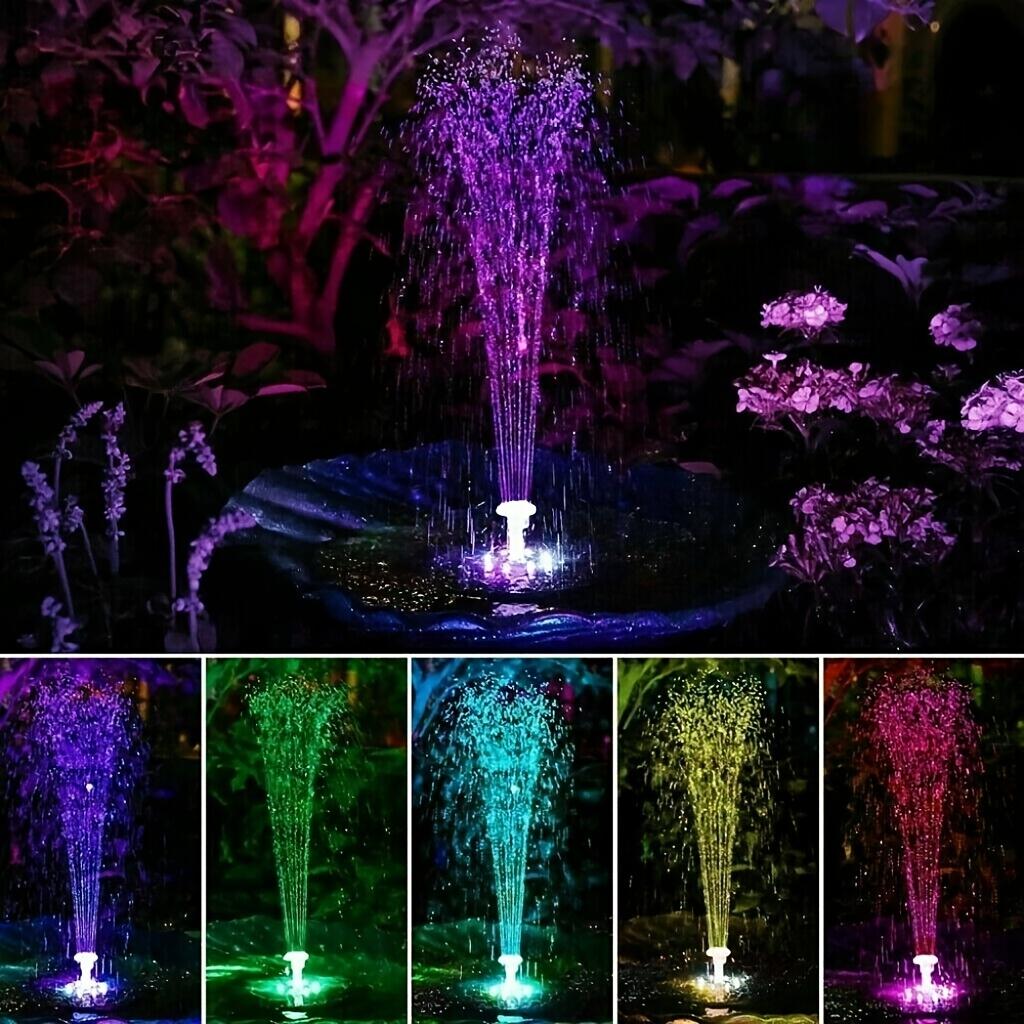 Pompa per Fontana Solare da 6,3 pollici, Pompa Acqua Fontana per Vasca Uccelli Solare da 3W Batteria Integrata 1500mAh, Fontana Solare LED con 6 Ugelli IPX8