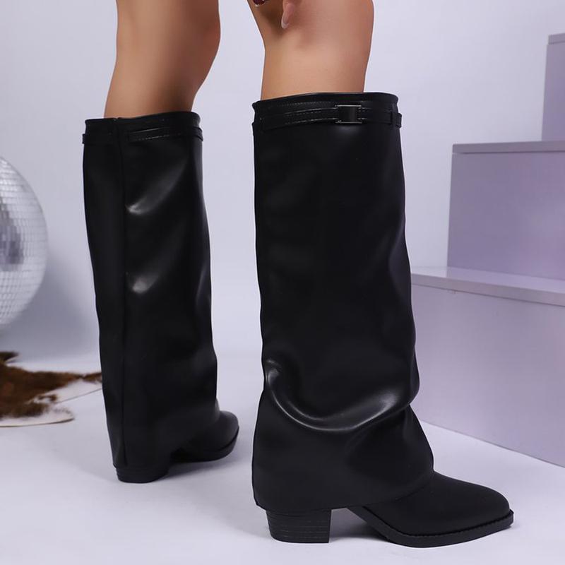 White Chunky Heel Knee Length Boots Women Plus Size 43 Slip On PU Leather Long Botas Mujer 2025 Fall Winter Shark Boots