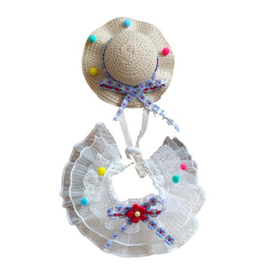 

1 Set Cute Flower Cat Outfit Straw Sun Hat And Lace Ruffled Cat Bandana Bib Sweet Pet Accessory with Colorful Pom-Poms for Cats Dogs Photos Parties синий