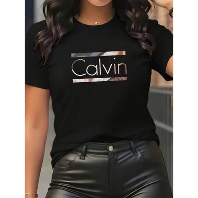 Calvin Muster Rundhals Damen T-Shirt Kurzarm Mode Bedrucktes Kurzarm