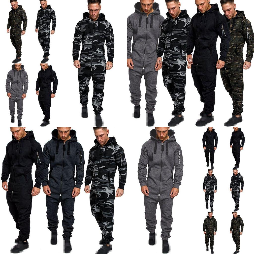 Herren Camouflage Jumpsuit mit Kapuze und Reißverschluss Perfekt für den täglichen Gebrauch