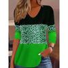 Spring and Autumn V-neck Leopard Color Block Pattern 3D Printed Top Fashionable Casual Long Sleeved Women's T-shirts