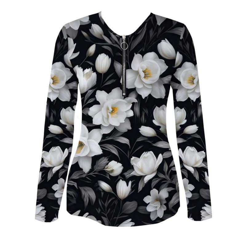 Women's Magnolia Print Zipper Top, Casual and Comfortable Long-sleeved Top, Women's Clothing Without Accessories No Accessories Included