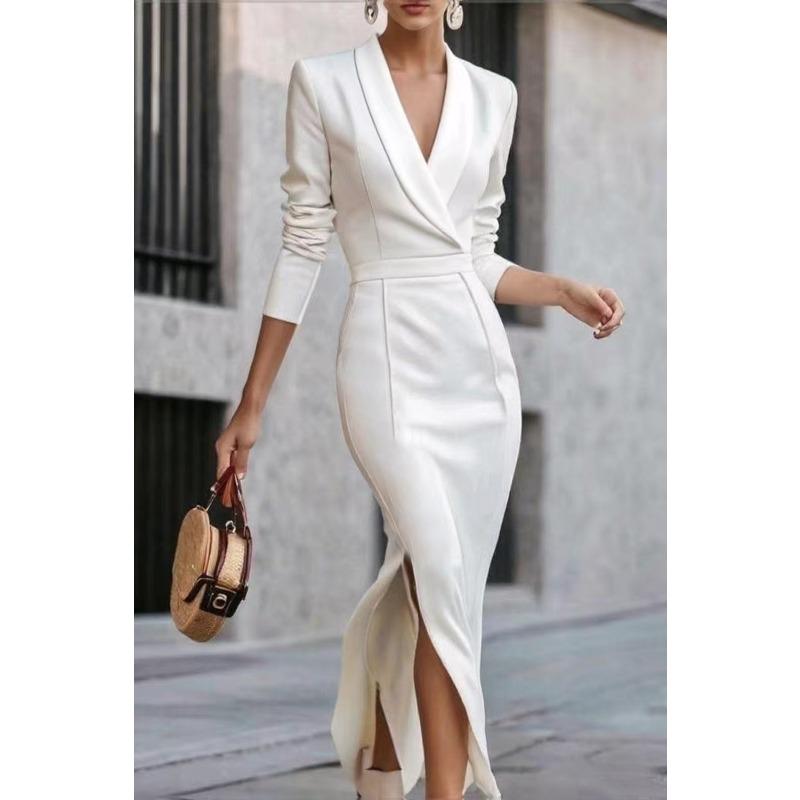 BITCED Women's Fashion Autumn Winter Solid Color Print Long Sleeve POLO Neck Casual Dresses
