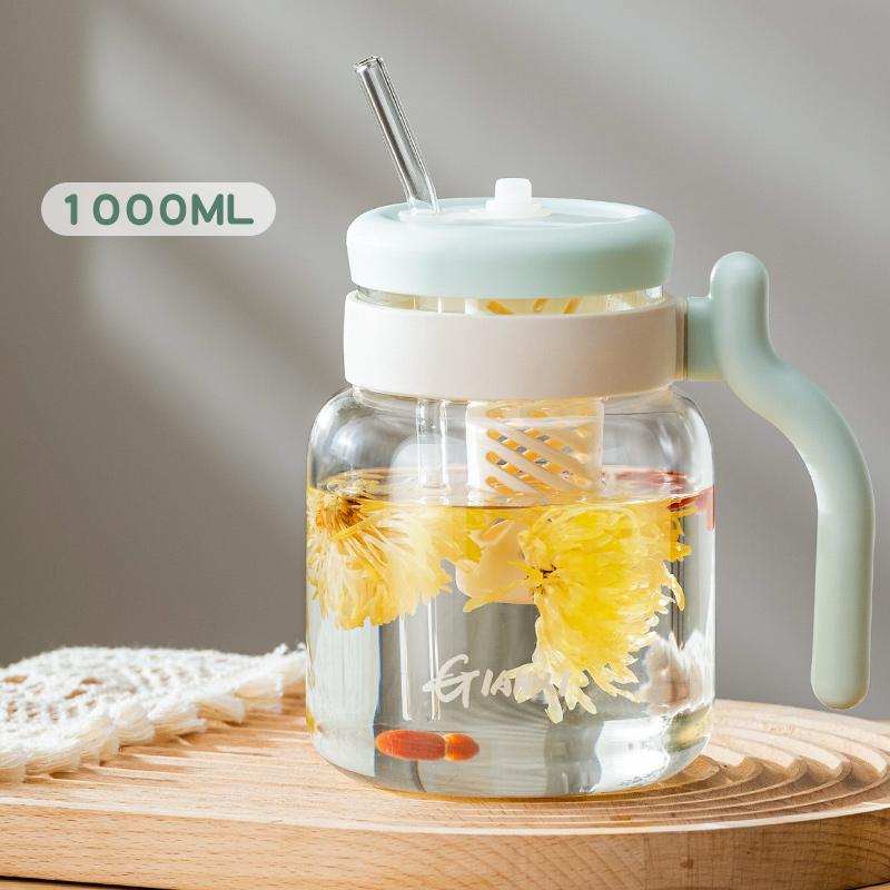 1000ML Sklenice s víčkem a brčkem Domácí kuchyně Průhledný tumbler s brčkem Šálek na kávu s uchem Láhev na vodu