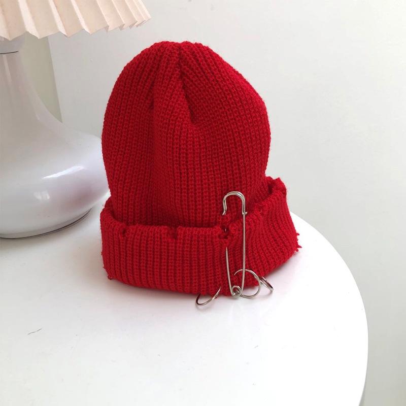 Solid Color Knitted Hat Punk Hip Hop Beanies for Men Women Metal Pin Ring Brimless Melon Cap Winter Warm Crochet Bonnet Gorras
