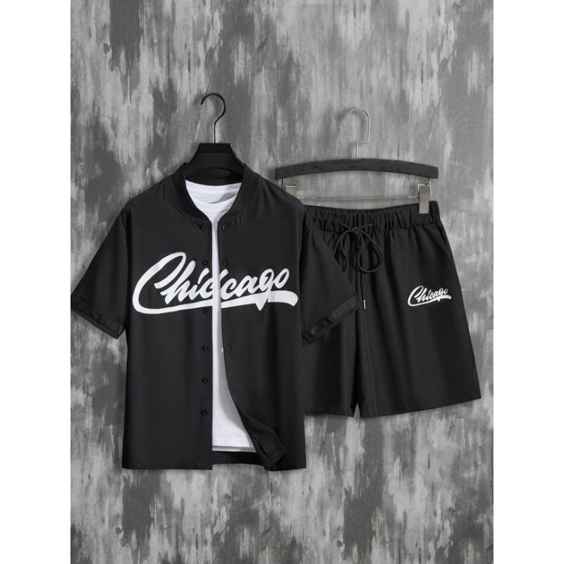

Men s Streetwear 2 Piece Outfit with Button Front Drawstring Shorts S чёрный