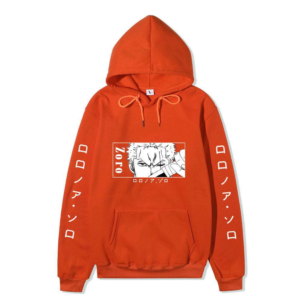 One Piece Hoodie, Roronoa Zoro Manga Graphic Japanese Letter Sleeve Print Pullover Sweatshirt Unisex Streetwear