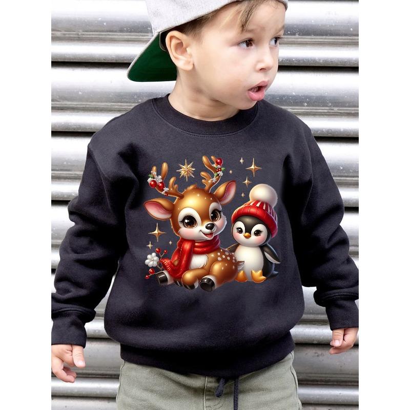 Christmas Boys' Autumn Winter Fashion -Lined Crew Neck Sweatshirt with Reindeer and Penguin Cartoon Print Loose Casual Long Sleeve Pullover WY6744
