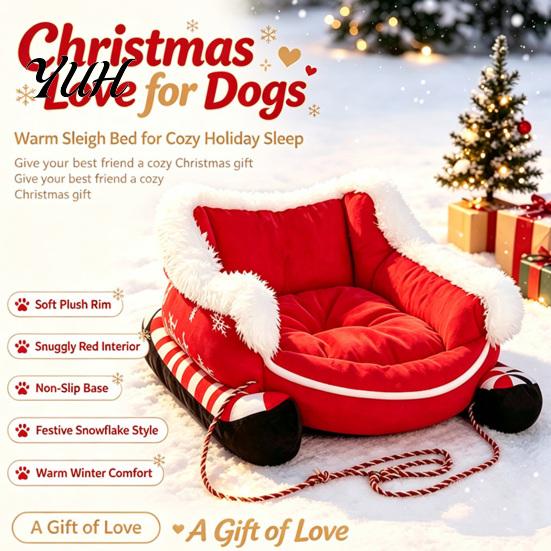 Washable Removable Base Kennel Christmas Sleigh Dog Bed with Non Slip Base, Plush Calming Pet Sofa High Resilience Foam Lounger for Indoor Outdoor,