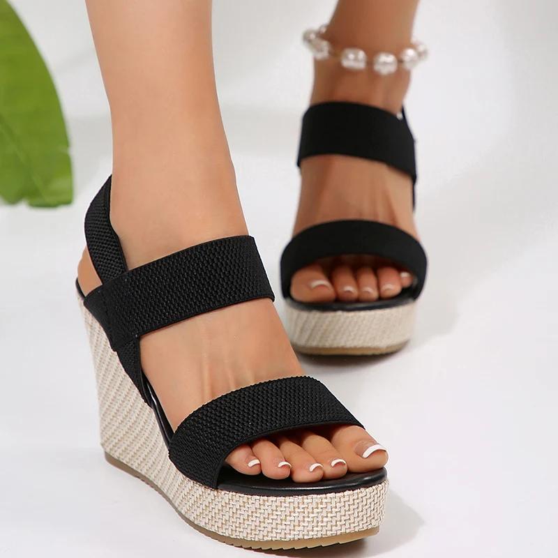 

Fashion Black Band Chunky Platform Wedge Sandals Women 2025 Summer 10Cm Super High Heels Slip On Sandalias Mujer Plus Size Sandles Woman 43