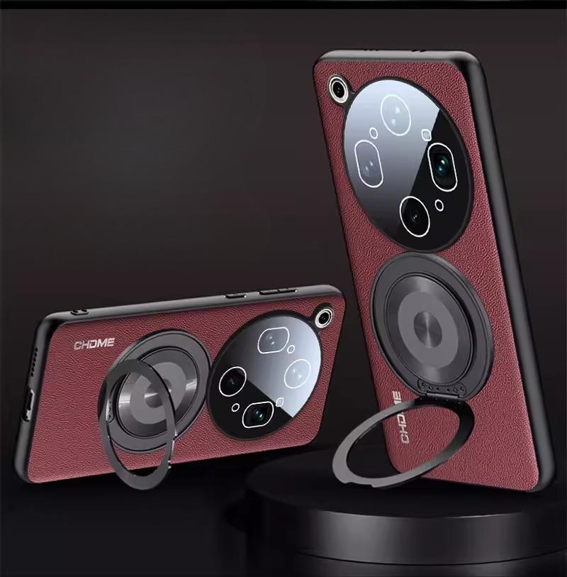 Voor OPPO Find X9 Ultra PU Leer Textuur Camera Lens Film Case Voor OPPO Find X9 Ultra Ringhouder Schokbestendige Cover For Find X9 Ultra brown