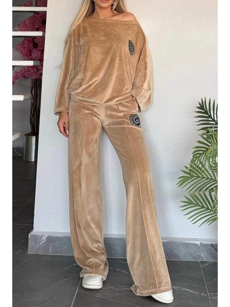 2024 Trendy Dames Goud Fluweel Vleermuismouw Tweedelige Set - Herfst/Lente