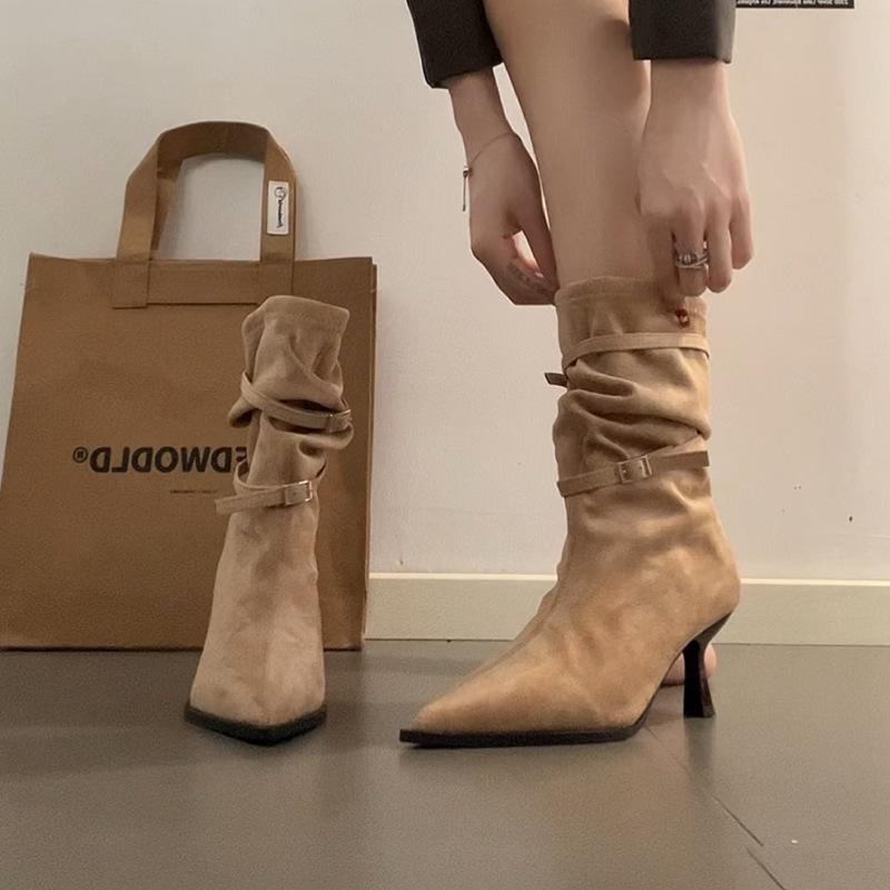 Thin heel French skirt heightening fashion boots women's 2025 autumn and winter new belt buckle simple versatile comfortable short boots